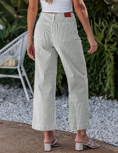 luvamia Striped Jeans for Women Trendy High Waisted Cropped Wide Leg Pants Stretchy Denim Patch Pocket Pinstripe Pants view 2