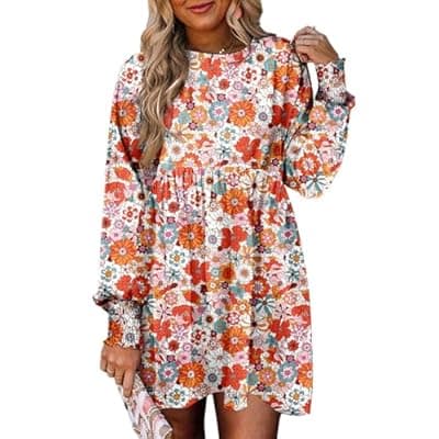 Dokotoo Casual Dresses for Women Flowy Boho Floral Long Sleeve Empire Waist Babydoll Mini Dress