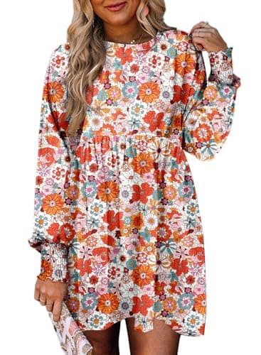 Dokotoo Casual Dresses for Women Flowy Boho Floral Long Sleeve Empire Waist Babydoll Mini Dress — image 1