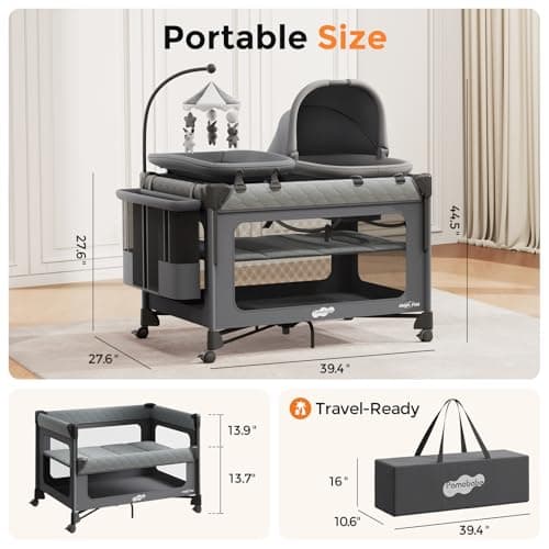 Pamo Babe Pack and Play with Bassinet - 7 in 1 One-Step Setup Bedside Crib, Portable Playpen, Travel Crib, Baby Playard with Diaper Changing Station, Toy Bar & Large Storage Bag view 2