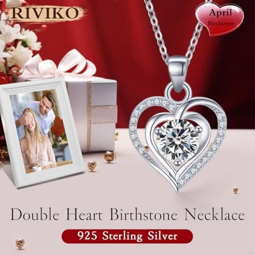 RIVIKO Heart Birthstone Pendant Necklace for Women 925 Sterling Silver Zirconia Necklaces Valentine's Day Anniversary Birthday Mothers Day Jewelry Gifts For Her Mother Wife view 2