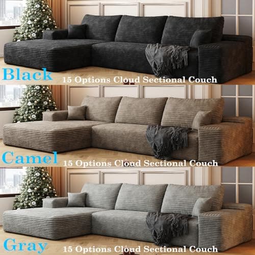 RENDGO 108" Cloud Boneless Sectional Couch for Living Room,Modular L Shaped Couch with Deep Seat Left Facing Chaise,Memory Foam Compressed Spineless 3 Seater Sofa for Apartment,Black view 7