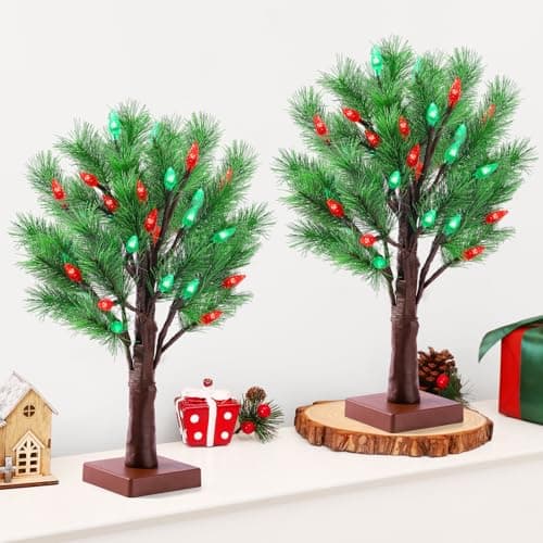 2 Pack Christmas Decorations Indoor Artificial Lighted Christmas Tree with C6 Strawberry,Total 48 LED Battery/USB Operated Pine Tree for Tabletop Fireplace Harvest Home Indoor Xmas Decor (Green) — image 1
