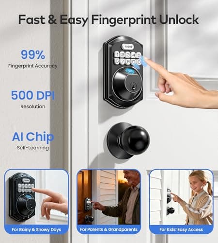 TEEHO TE012W-K WiFi Smart Keyless Entry Door Lock with Handle, Fingerprint Door Knob & Digital Keypad, APP Remote Control, Works with Alexa & Google, Electronic Deadbolt for Front Door, Matte Black view 5