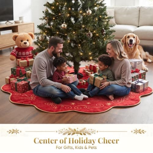 VOXOR 48 Inch Christmas Tree Skirt, Large Red Velvet Tree Skirt with Gold Embroidery, Vintage Tree Skirts with Hook and Loop Closure for 7 & 7.5 & 8 Feet Trees, Xmas Decorations for Home Living Room view 5