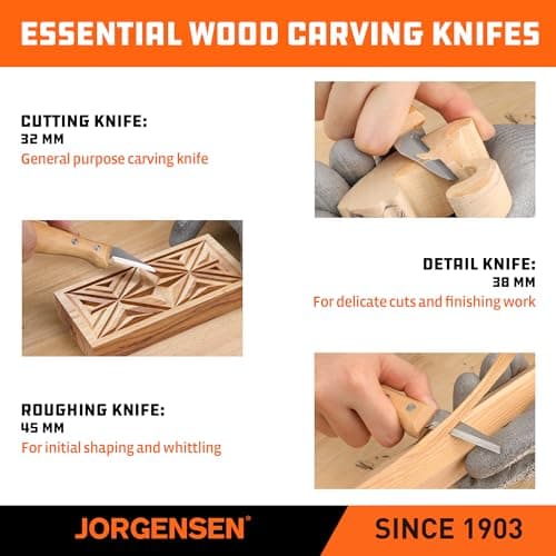 Jorgensen 3-Piece Wood Carving Tools, Stainless Steel Whittling Knife Set with Canvas Pouch, Protective Blade Cover, Ergonomic Curved Handle - Professional Wood Carving Kit for Beginners view 7