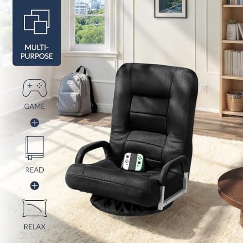 Best Choice Products Swivel Gaming Chair 360 Degree Multipurpose Floor Chair Rocker for TV, Reading, Playing Video Games w/Lumbar Support, Armrest Handles, Adjustable Foldable Backrest - Black/Black view 4