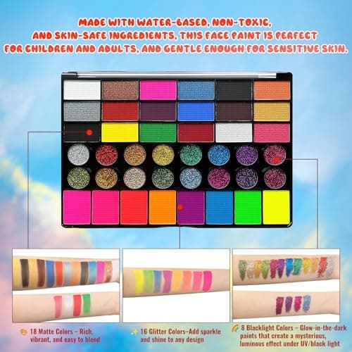 42 Color Face Paint Kit for Kids – Non-toxic Water-Based Makeup Palette with Stencils, Brushes & Gems – Face Painting Kit for Kids Ideal for Halloween, Parties, Festivals, Body Art & More view 4