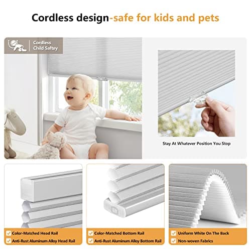 LazBlinds Cordless Cellular Shades, Light Filtering Honeycomb Shades for Home, Thermal Insulation Noise Reduction Blinds for Windows, 24'' W x 64'' H, Grey view 3