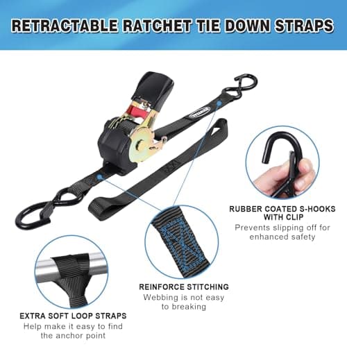 EXVITAL Retractable Ratchet Straps Havy Duty 1200lbs Break Strength Retractable Tie Down Straps Auto Self Retracting Ratchet Straps for Truck, Cargo Trailer, Motorcycle, 1"×12ft Black view 4