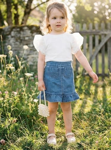vfvBaby Toddler Baby Girl 2 Piece Outfit White Tulle Puff Sleeve Top & Denim Ruffle Skirt Set Infant Casual Summer Clothes view 3
