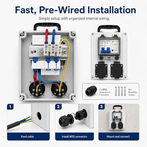 Power Distribution Box, Portable 110V Breaker Box with NEMA 5-20 Outlet, IP65 Weatherproof Temporary Power Outlet Box for Construction Sites, Factories and Workshops view 4