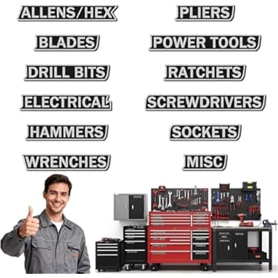 Magnetic Tool Box Organization Labels, 12 Pack Reusable Steel Cabinet Labels for Workshop Storage, Toolbox Drawer with Strong Magnet Backing (Black)