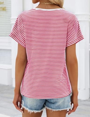 JUSTFASHIONNOW Womens Striped Henley T Shirts Short Sleeve V Neck Summer Tops 2026 Button Front Dressy Casual Blouses view 5