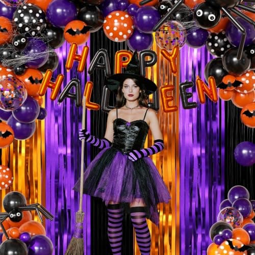 Orange Purple Black Balloon Fringe Curtains for Halloween Party Decorations view 5