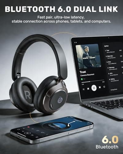 Boean Active Noise Cancelling Headphones, Bluetooth 6.0 Wireless Over Ear Headphones with 360° Spatial Audio, 120H Playtime & 5 ENC Mics, Soft Memory Foam, Transparency Mode for Office Travel view 6