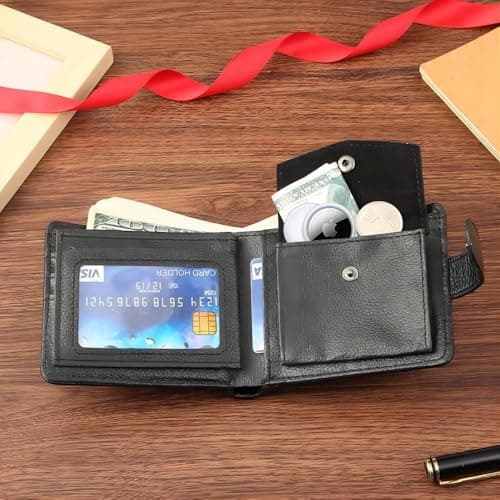 Aaspad Leather Wallet for Men's Gift Bifold Style Fasten with Belt Buckle Button Closure Bank Credit Card Slots Coin/Airtag pockets and 2 transparent Photos and ID Windows(Black) view 2