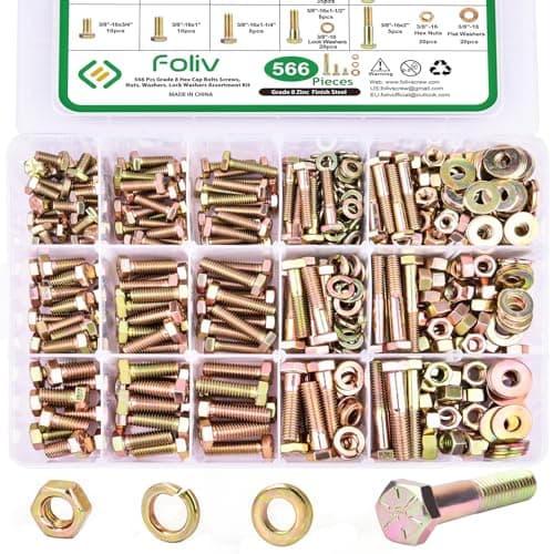 FOLIV 566Pcs Heavy Duty Bolts and Nuts Assortment Kit, Grade 8 Hex Screws Bolts Nuts Kit, 1/4-20 5/16-18 3/8-16, 15 Common Sizes Included