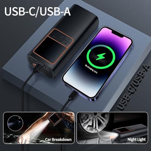 150PSI Cordless Air Compressor - Tire Inflator with Auto Shut-Off, Rechargeable Battery & LED Light, Fast Inflation for Car Tires, Motorcycle, Bike, Sports Equipment, Ball, Air Mattress view 6