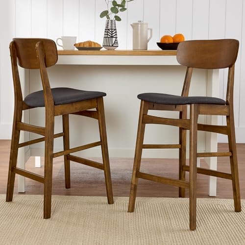 Best Choice Products Bar Stool Set of 2, Modern Farmhouse Counter Height Stools w/Armless Upholstered Cushioned Seat, Wooden Curved Backrest - Walnut/Charcoal view 2