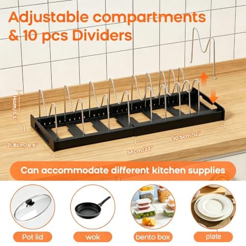 Nigelia Pots and Pans Organizer for Under Cabinet 22" Expandable Food Storage Container Lid Organizers with 10 Adjustable Dividers Pot and Pan Lid Holders Rack Inside Cabinet&Kitchen Countertop(Black) view 2