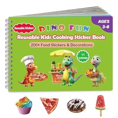 Dino Fun Cooking Sticker Book, Create & Play with 200+ Removable Food Stickers & 11 Playful Kitchen Scenes for Kids 3-6