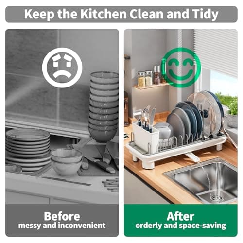 SanDream Small Dish Drying Rack with Removable Utensil Holder & Anti-Scratch Base - Stainless Steel Dish Rack, Dish Drying Rack with Drainage & Space Saving Design for Kitchen Counter, White view 6