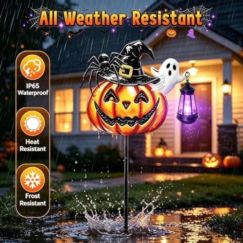 Halloween Decorations Outdoor Metal Solar Pumpkin Lights with Solar Lantern | 7-Color Changing & Flashing Mode, Waterproof 32.5 Inch Metal Cute Pumpkin Decorative Stake Fall Decor for Garden Yard Patio view 4