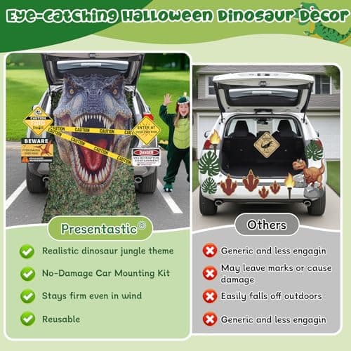 Halloween Dinosaur Trunk or Treat Car Decorations Kit for SUV, Car-Safe & Reusable Realistic Dino Tarp & Stickers for Jurassic Park Theme Party Haunted House Archway Garage Decor -13Pcs view 4