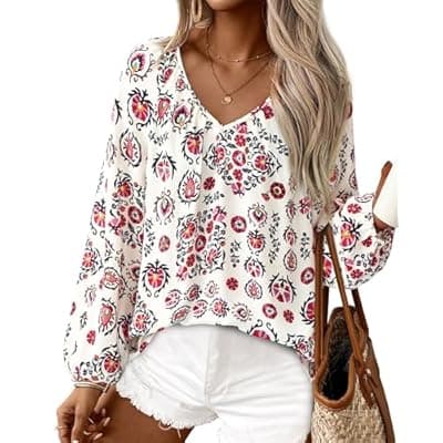 Zenlonr Women's Summer Tops Dressy Casual 2026 V Neck Satin Silk Printed Shirts Boho Long Sleeve Work Blouses