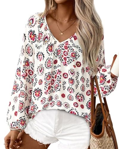 Zenlonr Women's Summer Tops Dressy Casual 2026 V Neck Satin Silk Printed Shirts Boho Long Sleeve Work Blouses view 1