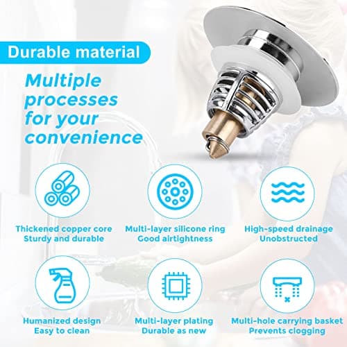 GOOSUO Universal Bathroom Sink Plug, Silver, Suitable for 1.25"-1.65" Sinks, Stainless Steel & Brass, Push Type, Anti-Clog Basket, Easy Install view 6