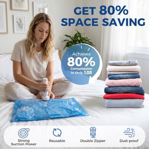 Vacuum Storage Bags with Cordless Pump, Vacuum Seal Space Saver Bags 18 Combo, 80% Space-Saving Bags for Clothing, Blankets, Pillows, Bedding & Comforters; Multi-Size Variety Pack for Home & Travel view 5