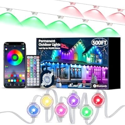 RGB Permanent Outdoor Lights, 500FT Smart LED Eaves Lights with APP & Remote Control, IP67 Waterproof Outdoor String Lights for Christmas, Halloween,Party, Garden, Patio, House Decor(2 Rolls of 250FT)