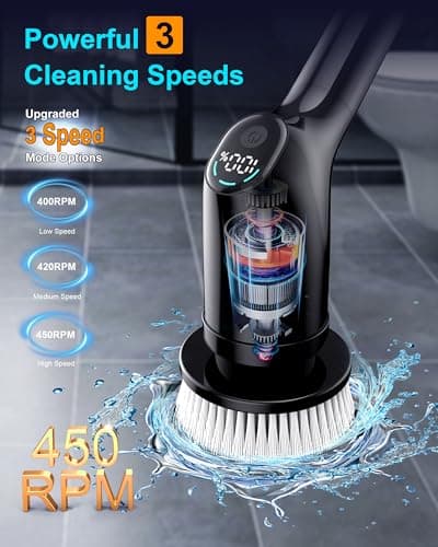 Shower Scrubber with Long Handle for Cleaning Bathroom, Electric Spin Scrubber Cleaning Brush with IPX7 Waterproof & 2Speed, 3Brush Heads, Bathroom Cleaning Supplies for Shower Tub Tile Toilet, Black view 4