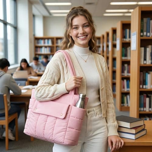 Eslcorri Large Puffer Tote Bag for Women, 21L Quilted Carry-On Purse with Luggage Sleeve, Padded Work Handbag for Travel, Gym view 3