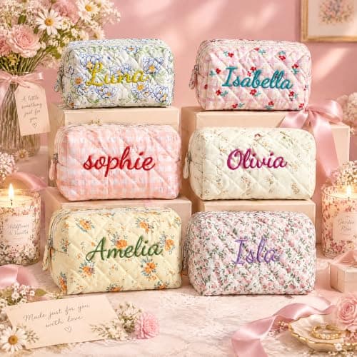 Custom Embroidered Flower Cosmetic Bag with Assorted Floral Designs. Portable Zipper Makeup Storage Pouch, Ideal for Daily Life and Travel, Gift for Ladies and Wedding Bridesmaids. view 4