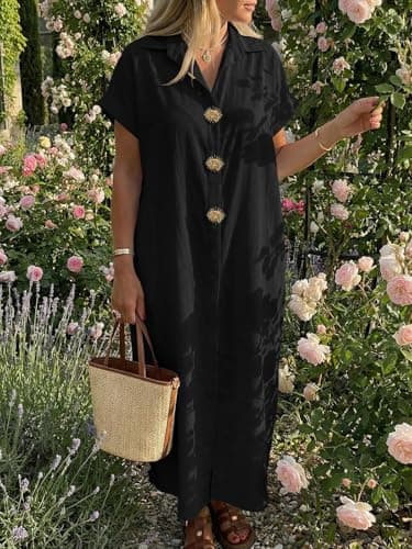 Wenrine Womens Summer Shirt Dress Casual Short Sleeve Button Maxi Dresses Beach Cover Up with Pockets view 5