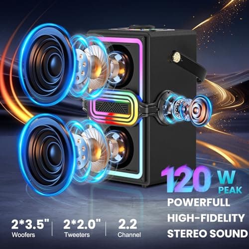 TAMPROAD Bluetooth Speaker, 120W Peak Power Wireless Speakers Boombox with Deep Bass, Portable Loud Stereo Sound Subwoofer with LED Light Show for Party, Outdoor, Camping (Black) view 2