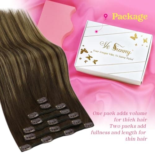 Ve Sunny Clip in Hair Extensions Real Human Hair Balayage Medium Brown Mix Caramel Blonde Ombre Remy Hair Extensions Clip ins for Women Thick Straight 16 inch 120g 7pcs view 5