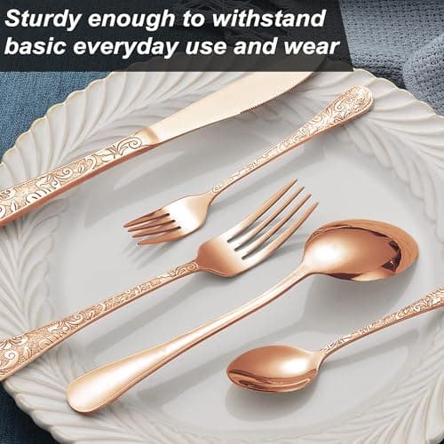 Runfly Vintage Carved Rose Gold/Copper Stainless Steel 20 Pieces Flatware Set, Silverware Set, Modern Embossed Cutlery Set Utensils Including Fork Spoon and Knife view 5