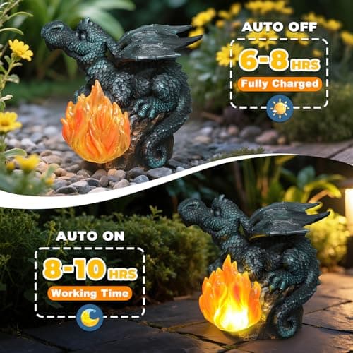 U WONDERFUL Solar Dragon Garden Decor, Porch Dragon Statue with Fiery Light - 6.8 inch Lawn Ornaments, Outdoor Decorative Art Gift for Patio, Yard, Backyard, Porch view 6