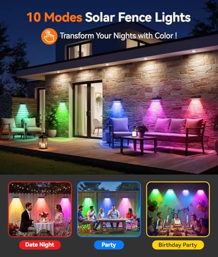 KOOPER Solar Fence Lights Outdoor Waterproof, 8 Pack Warm White & 9 Fixed Colors & Color Changing Fence Lights Solar Powered, Solar Lights Outdoor Fence for Outside Backyard Railing Patio Wall Deck view 3