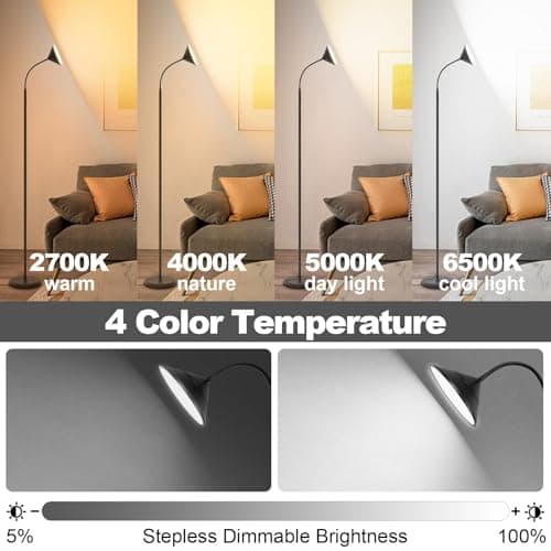 mukuxin 76" LED Floor Lamp, 18W/1800LM Super Bright Reading Standing Lamp,Stepless Dimmable&Adjustable Color Temperature 2700K-6500K w/Remote& Touch Control Lamps for Living Room Bedroom Office Black view 6