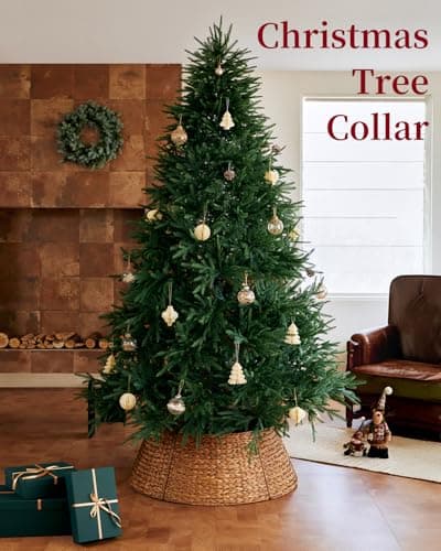 28in Christmas Tree Collar - Woven Hyacinth Tree Collars for Artificial Trees - Rattan Rustic Farmhouse Basket for Tree Base Cover with Cord Cut-Out for 6ft 7.5ft Tree (Brown) view 2