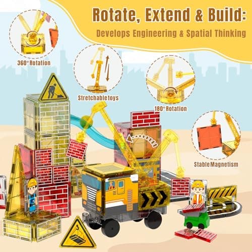 Magnetic Tiles for Kids Ages 4-8 Construction Toys with Crane Marble Run view 5
