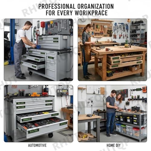 Magnetic Tool Box Organization Labels, 12 Pack Reusable Steel Cabinet Labels for Workshop Storage, Toolbox Drawer with Strong Magnet Backing (Black) view 6