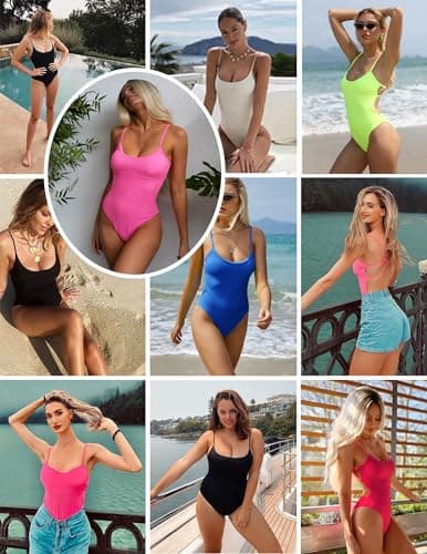 ZAFUL Women's One Piece Swimsuit Ribbed Open Back Bathing Suit Tummy Control Scoop Neck Adjustable Straps High Cut Swimwear view 5