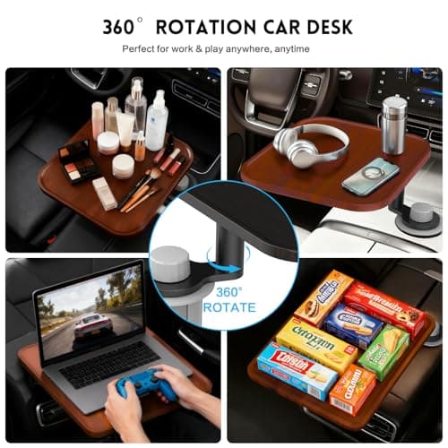 360° Rotation Car Desk for Laptop, Height-Adjustable Cup Holder Table, Wooden Car Food Tray & Laptop Mount Compatible with Tesla Model Y/3/S, Ford F150/Explorer/Maverick & Most Vehicles (Warm Walnut) view 4