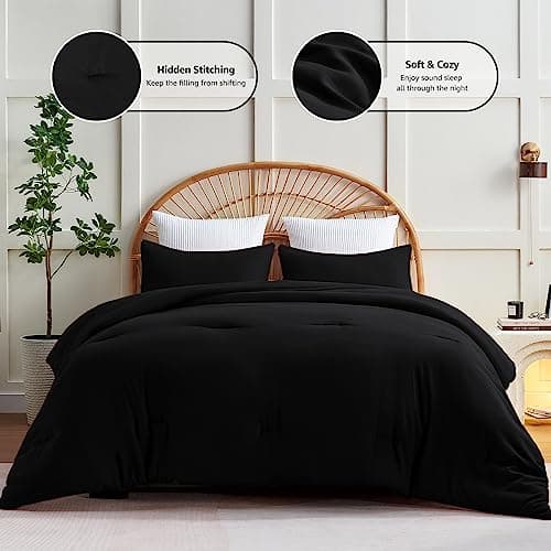 CozyLux Queen Comforter Set Black, 3 Pieces Solid Comforters Queen Size Breathable Quilted Bedding Sets, Luxury Soft Microfiber Down Alternative Comforter for All Season (1 Comforter & 2 Pillowcases) view 3